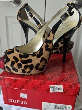 GUESS Leopard Print Peep-Toe Slingback Pumps - Brown Multi